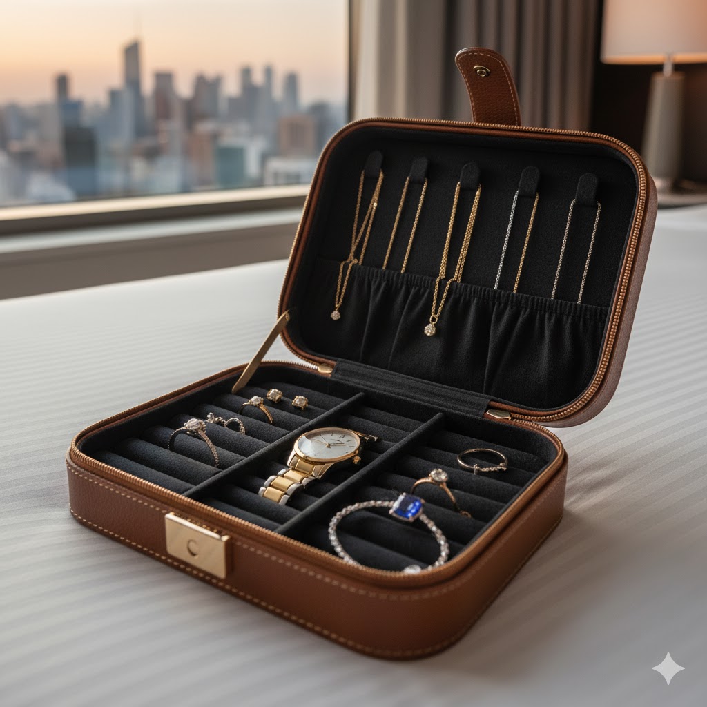 "حقيبة المجوهرات للسفر": كيف تنسقين وتؤمنين قطعك الثمينة أثناء رحلاتك السياحية الفاخرة؟